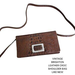 VINTAGE BRIGHTON BROWN LEATHER CROC SHOULDER PURSE BAG LIKE‎ NEW